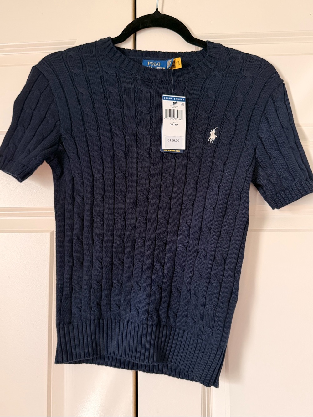 Ralph Lauren Navy Short-Sleeve Cable Knit Crewneck Sweater